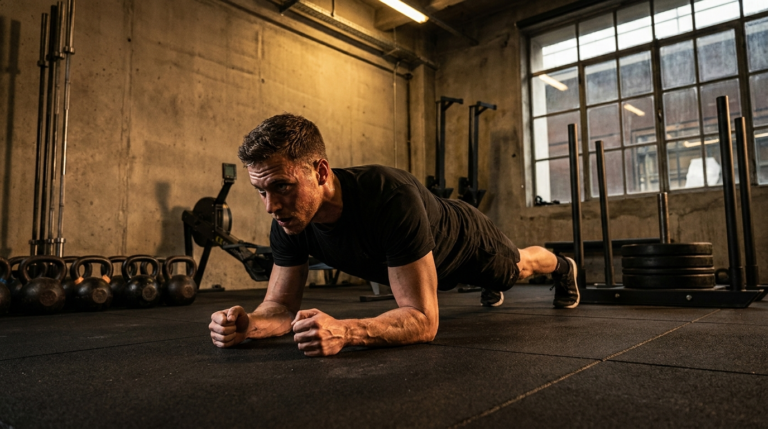 Atleta entrenando el core para Hyrox con una plancha frontal en un gimnasio de entrenamiento funcional