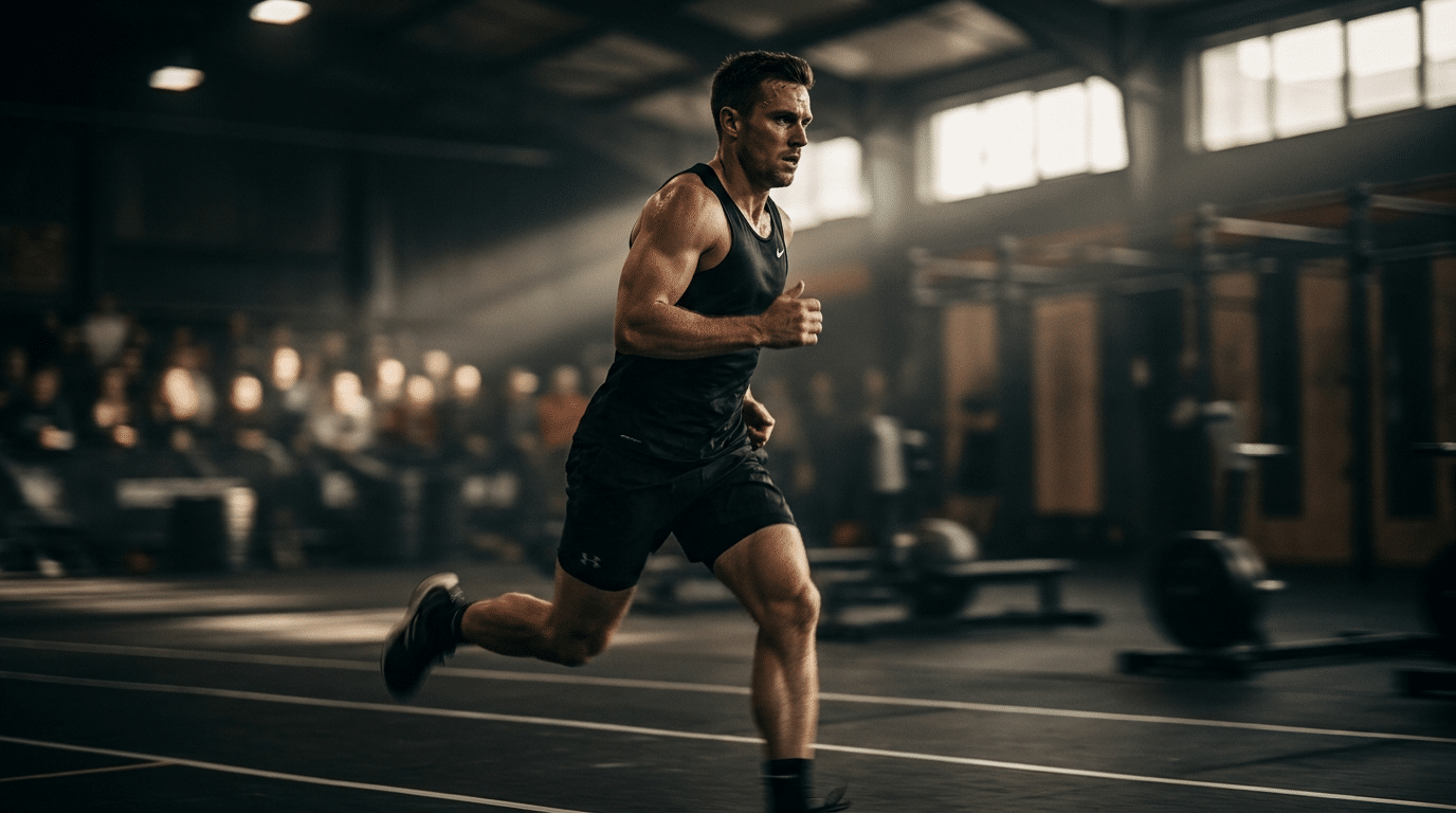 Atleta corriendo intervalos para Hyrox a alta intensidad en una pista indoor