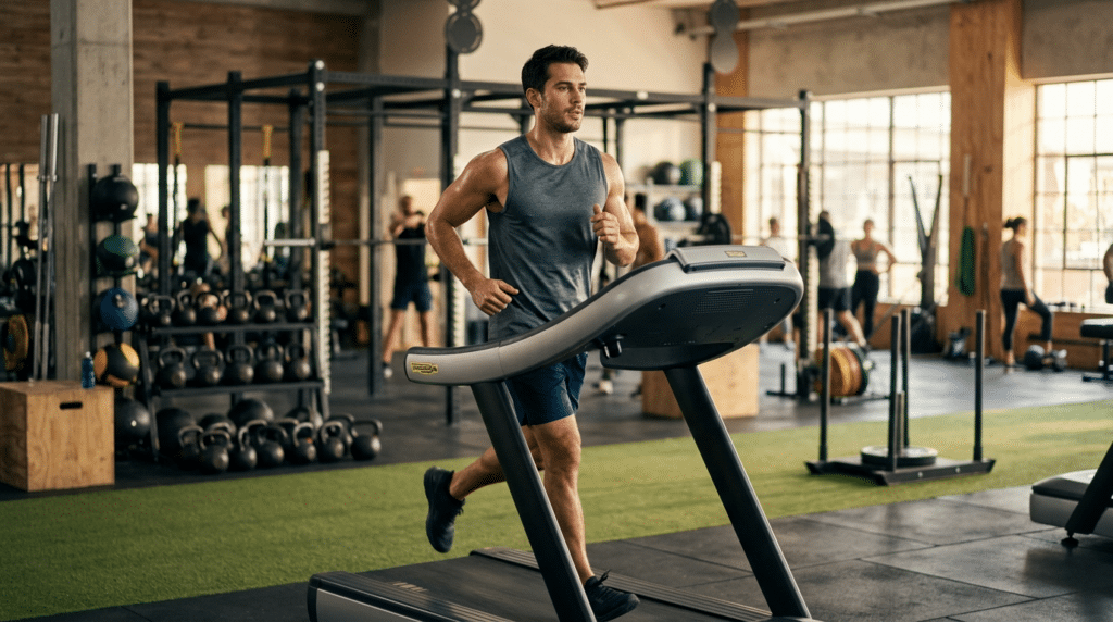 Atleta corriendo a ritmo suave en cinta dentro de un gimnasio de fitness funcional, entrenando la base aeróbica en Zona 2 para Hyrox