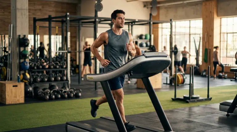 Atleta corriendo a ritmo suave en cinta dentro de un gimnasio de fitness funcional, entrenando la base aeróbica en Zona 2 para Hyrox