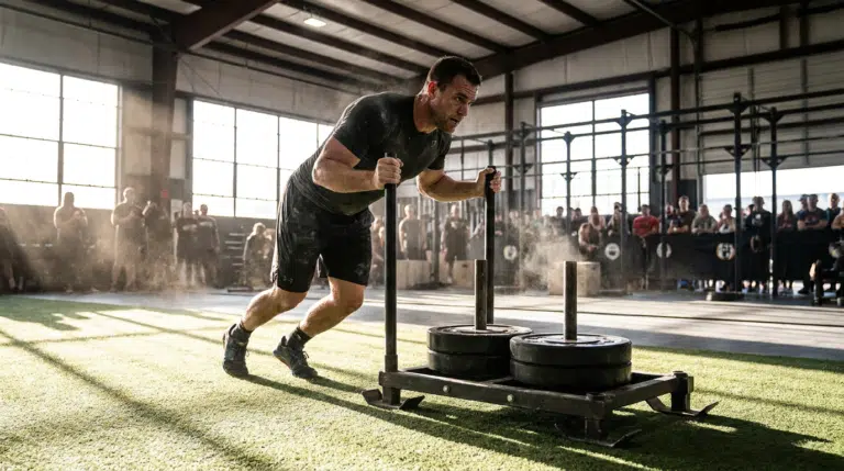 Atleta empujando el sled, una de las claves para bajar tu tiempo en Hyrox