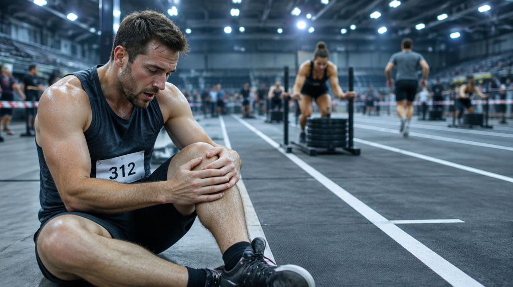 Atleta con dorsal sentado al borde del track sujetándose la rodilla tras un tramo de carrera, la zona más afectada según los estudios de lesiones en HYROX de 2026