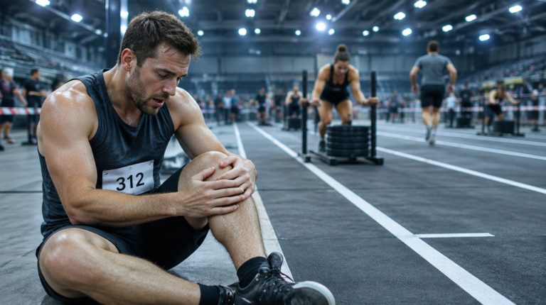 Atleta con dorsal sentado al borde del track sujetándose la rodilla tras un tramo de carrera, la zona más afectada según los estudios de lesiones en HYROX de 2026