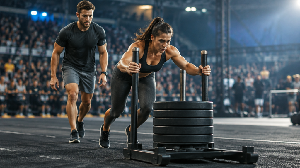 Pareja de HYROX Doubles Mixed en el sled push: ella empuja el trineo y él camina justo detrás, como exige el reglamento 26/27
