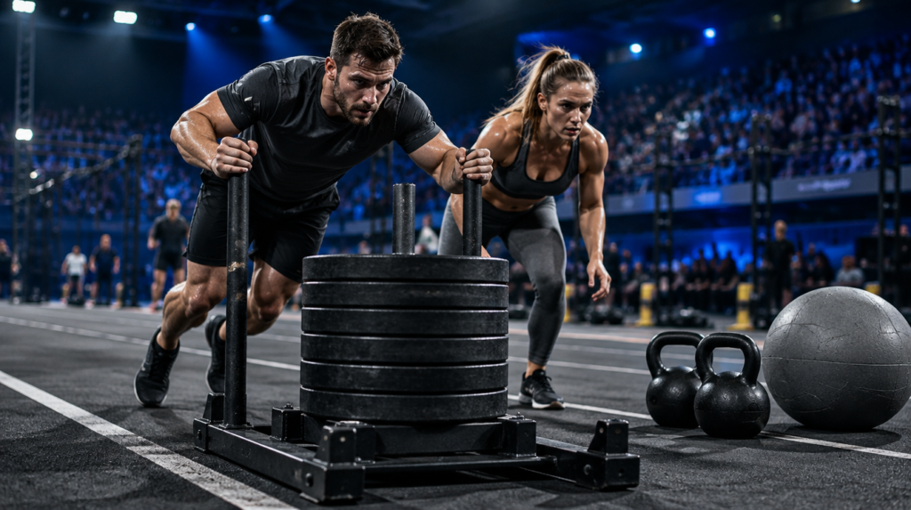 Atletas empujando un trineo cargado junto a kettlebells y un wall ball, con los pesos HYROX oficiales de la temporada 26/27