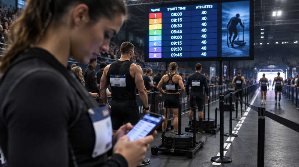 Atleta con dorsal consultando en el móvil la HYROX start list junto a un panel de horarios de oleadas, con otros participantes esperando su heat en el pabellón