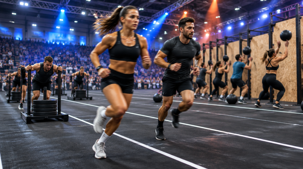 Atletas corriendo y empujando trineos en un pabellón ferial iluminado durante una carrera de fitness racing, imagen de portada del artículo sobre las fechas de HYROX 2027