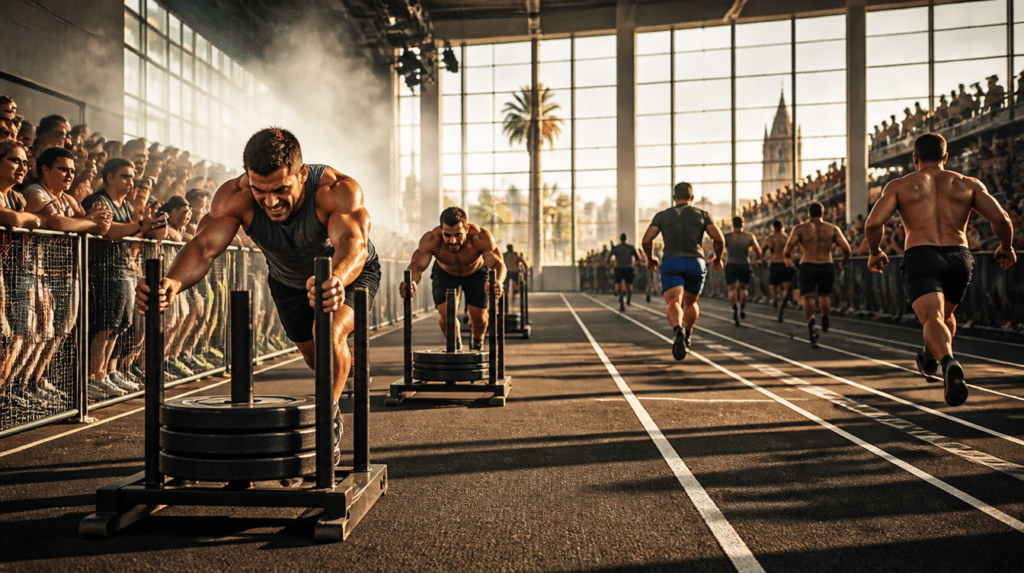 Atletas empujando el trineo en una carrera de fitness racing en pabellón cubierto, imagen de portada de HYROX Málaga 2027 en el FYCMA