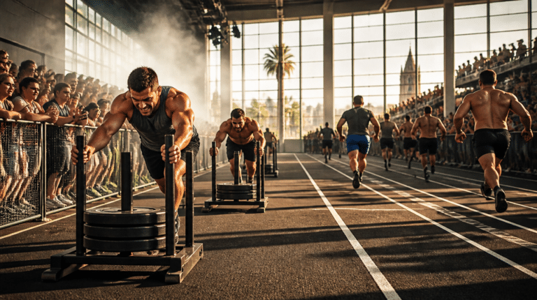 Atletas empujando el trineo en una carrera de fitness racing en pabellón cubierto, imagen de portada de HYROX Málaga 2027 en el FYCMA