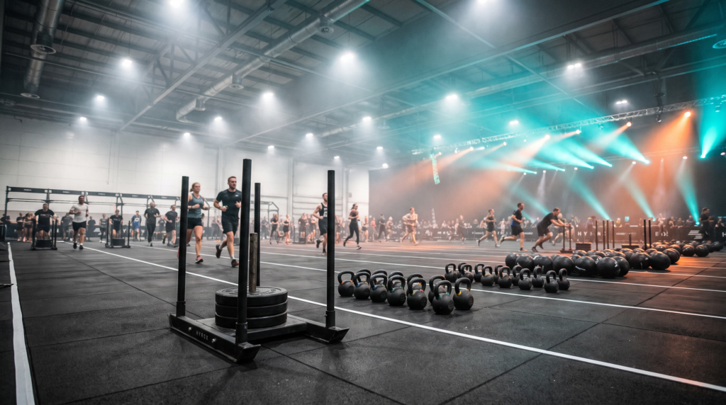 Recinto de una carrera Hyrox con trineo, kettlebells y atletas corriendo, ilustrando el precio y los costes de participar