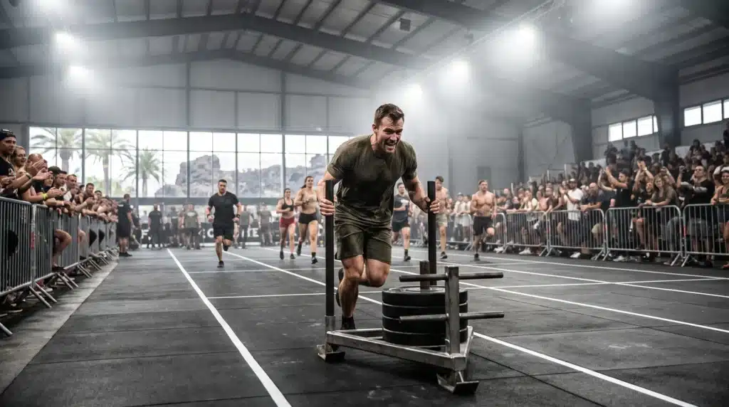 Atleta empujando un trineo en un pabellón cubierto durante HYROX Tenerife 2026