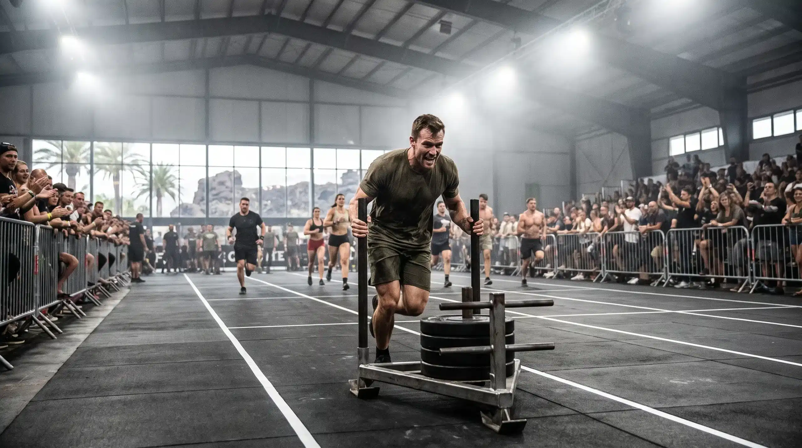 Atleta empujando un trineo en un pabellón cubierto durante HYROX Tenerife 2026
