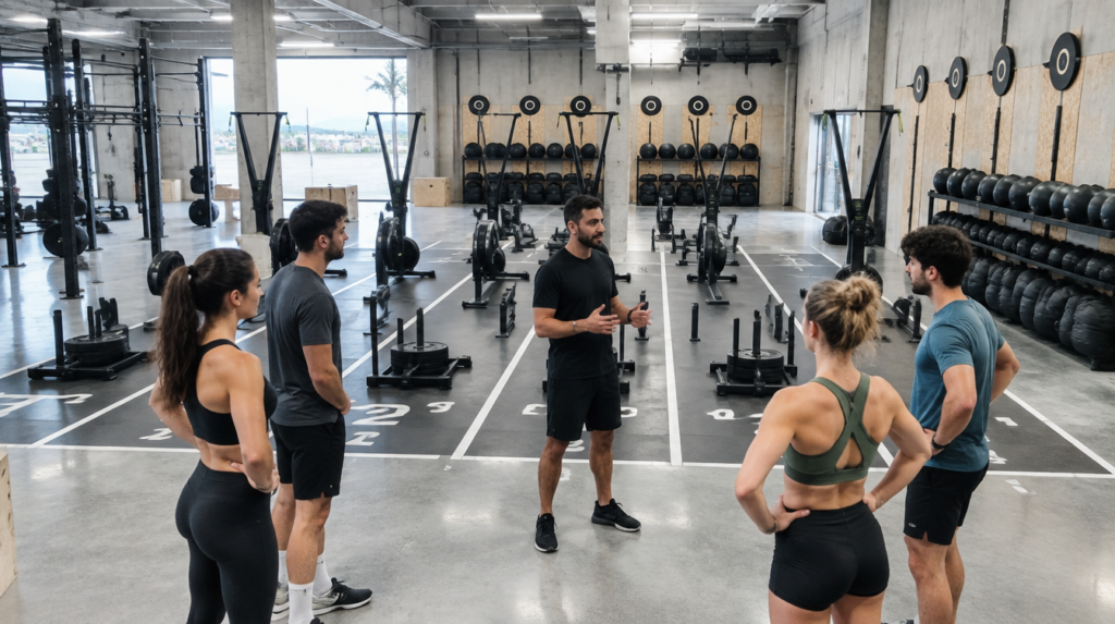 Interior de un gimnasio funcional con cuatro carriles marcados, trineos, SkiErg, remo y sandbags, y un entrenador dando indicaciones a un grupo de atletas, el tipo de instalación asociada a un HYROX Training Club