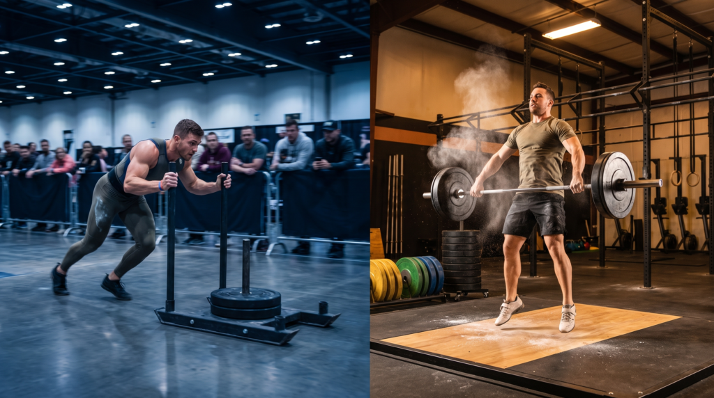 Comparativa Hyrox vs CrossFit: atleta empujando un trineo en un pabellón de carrera y atleta levantando una barra en un box