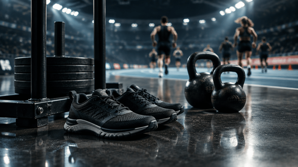 Zapatillas de entrenamiento híbrido junto a un trineo y kettlebells en un pabellón de fitness racing, imagen de portada del artículo sobre PUMA HYROX