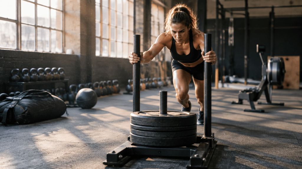 Atleta empujando un trineo en un gimnasio funcional con kettlebells, sandbag y remo al fondo, durante un WOD HYROX