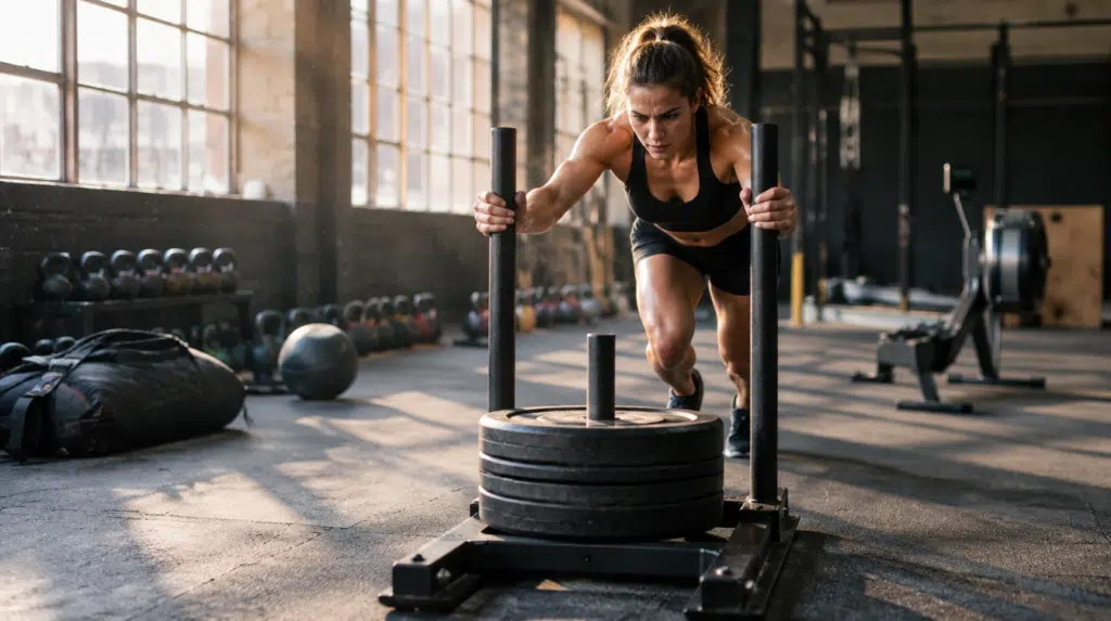 Atleta empujando un trineo en un gimnasio funcional con kettlebells, sandbag y remo al fondo, durante un WOD HYROX