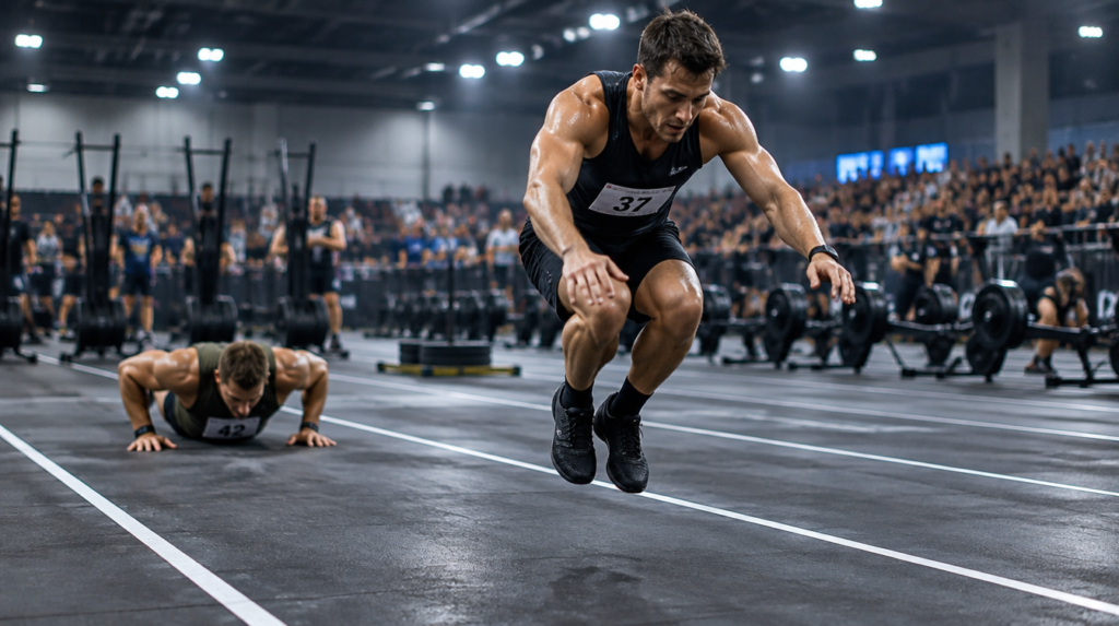 Atleta en pleno burpee broad jump durante una carrera HYROX, saltando con los dos pies a la vez por un carril marcado con líneas blancas, y otro atleta con el pecho en el suelo al fondo del pabellón