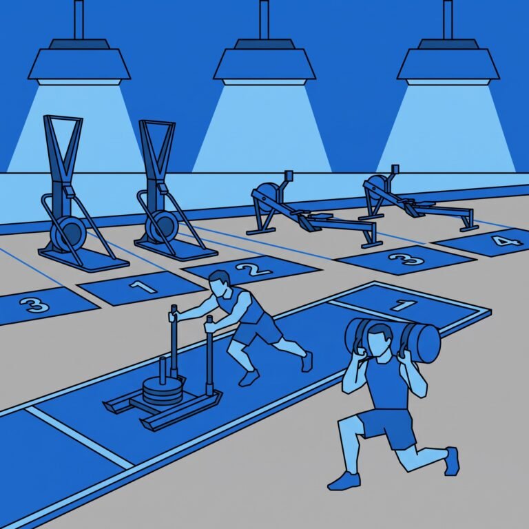 Atletas en una competición de fitness híbrido dentro de un pabellón, empujando un trineo de resistencia y haciendo lunges con saco lastrado, las zonas que componen un DEKA FIT