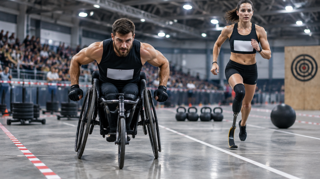 Atleta en silla de ruedas deportiva y atleta con prótesis de carrera compitiendo en un pabellón con trineos, kettlebells y diana de wall balls, las divisiones HYROX Adaptive de la temporada 26/27
