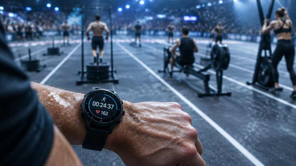 Reloj para HYROX en la muñeca de un atleta durante la carrera, con el cronómetro y la frecuencia cardíaca en pantalla y los carriles, trineos y remo del pabellón al fondo