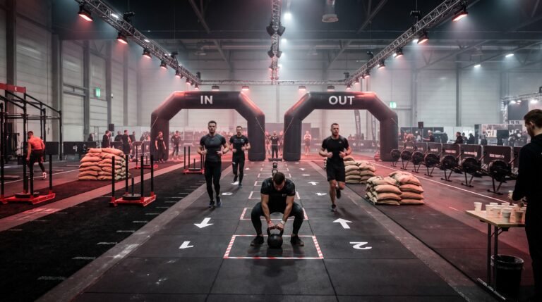 Roxzone de una carrera HYROX con los arcos IN y OUT, atletas en transición y un atleta devolviendo la kettlebell en posición vertical
