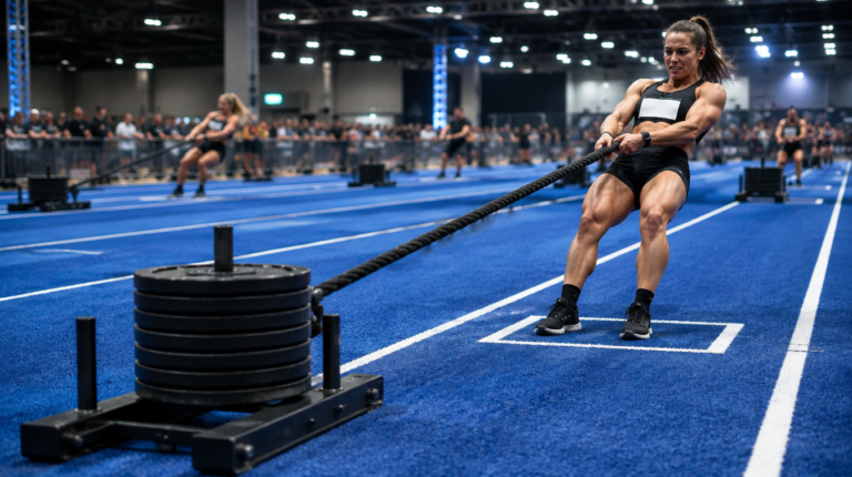 Atleta tirando de un trineo lastrado con una cuerda desde dentro de la caja marcada en el suelo durante el sled pull de una carrera HYROX, con otros carriles y trineos al fondo del pabellón